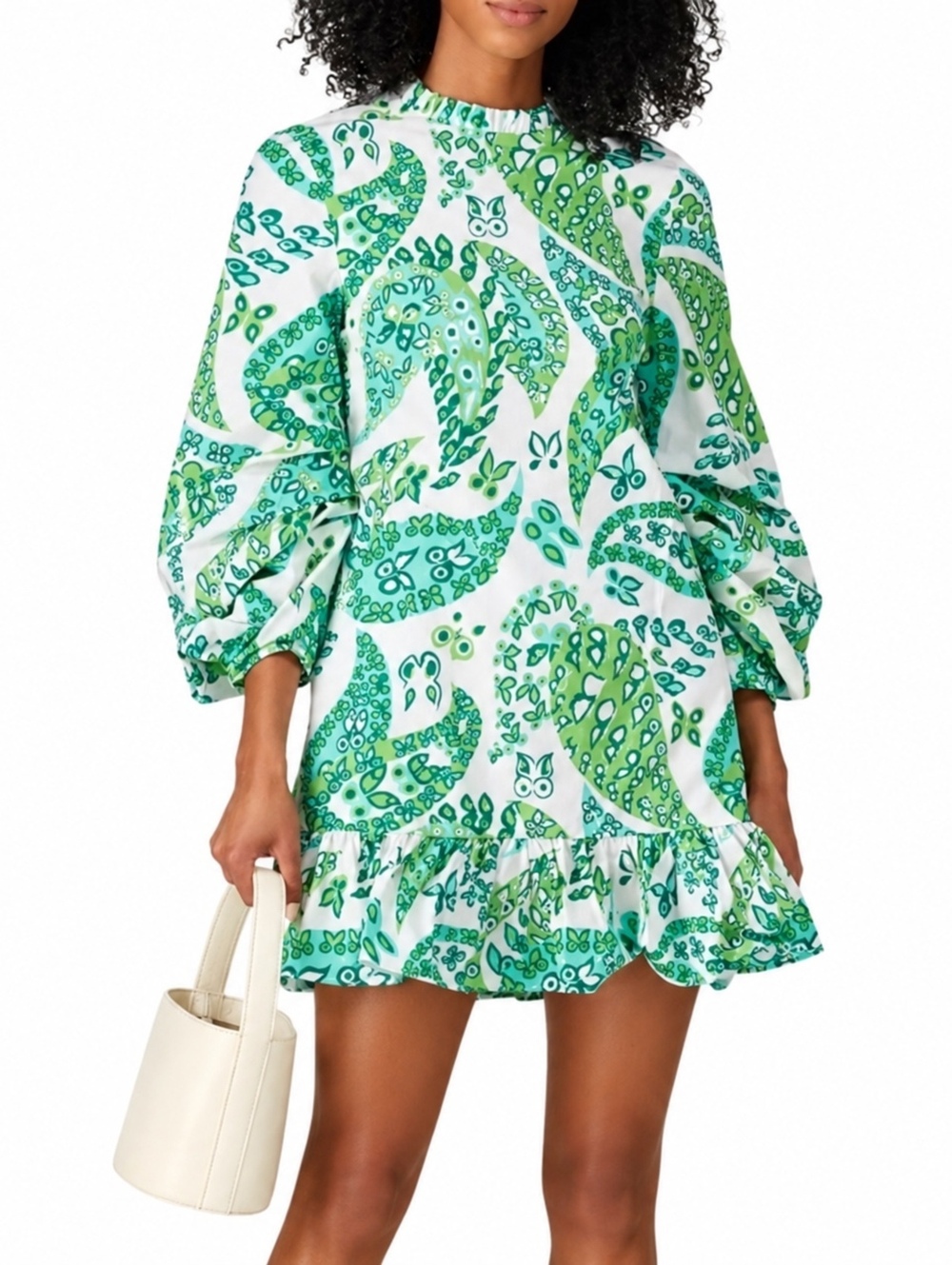 STAUD Green Paisley Print Puff Sleeve Ruffle Mini Dress Size 6